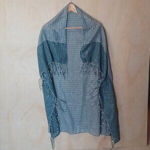 Teal Checkered Scarf With Fringe And Sparkle